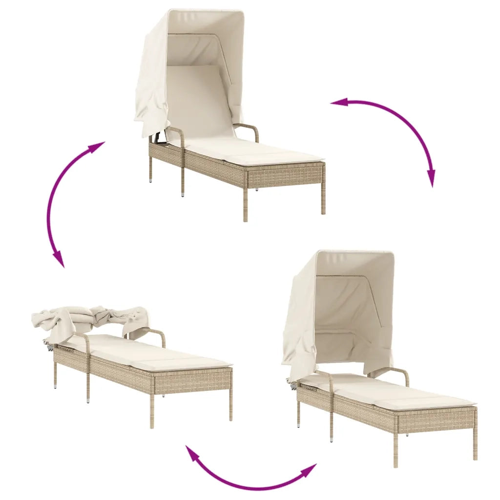 Lettino Prendisole | Sdraio da giardino | Lettino da sole con Baldacchino Beige in Polyrattan