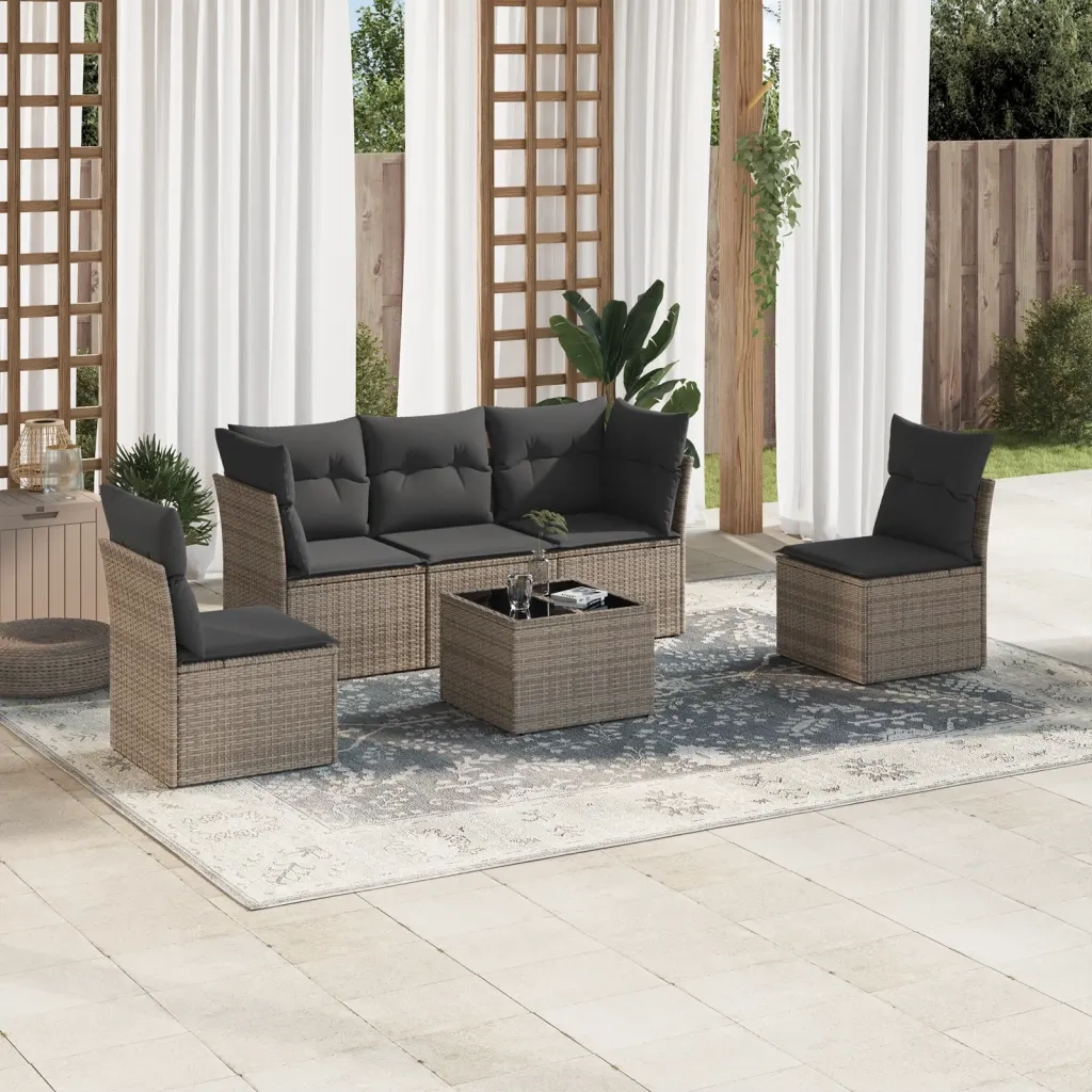 Set Divano da Giardino 6 pz | Set Salotto da Giardino con Cuscini Grigio in Polyrattan