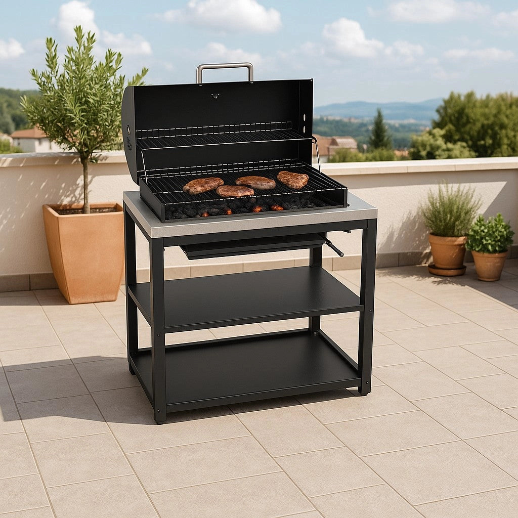 Modulo Barbecue a Carbone 90 cm con Griglia in Acciaio Inox e Brace Regolabile – Cucina Outdoor Modulare