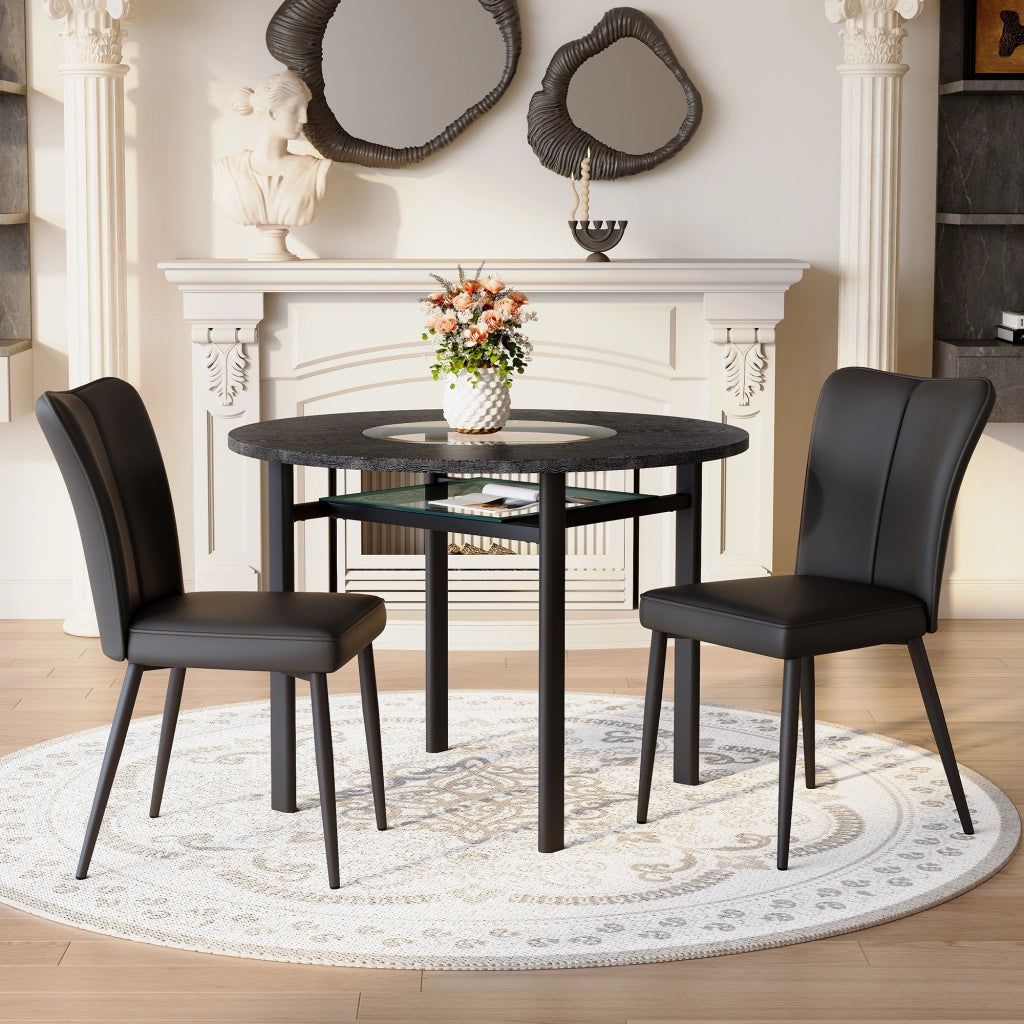 Tavolo da pranzo rotondo con 2 sedie, piano in MDF e vetro, stile minimalista, per soggiorno, nero, diametro 100 cm