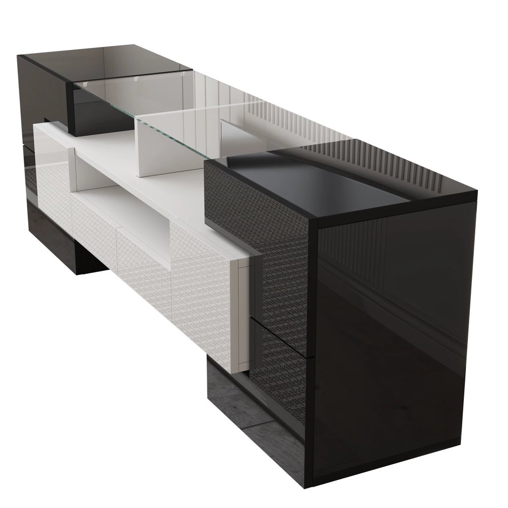 Mobile TV Lowboard Bianco Lucido con LED ¨C MINIMAL ¨C 145 cm, Vetro, Soggiorno
