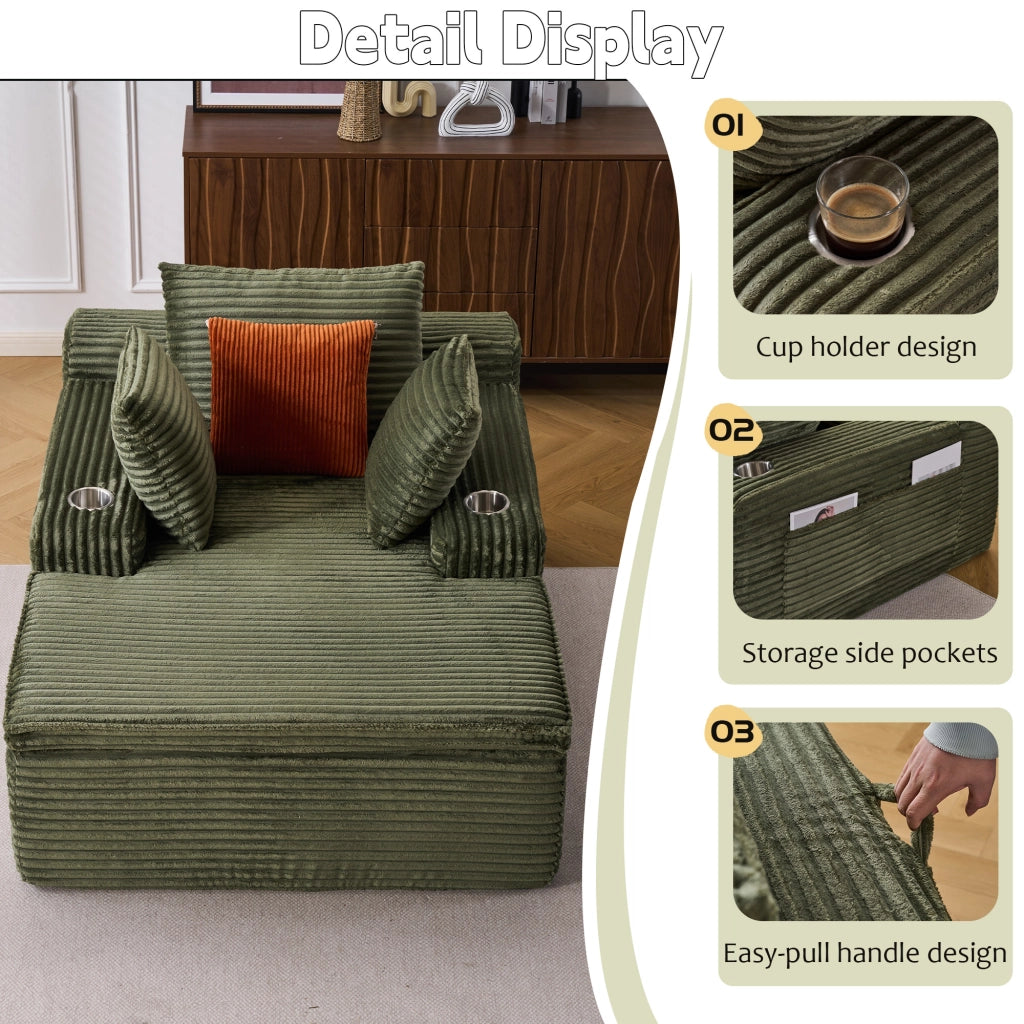 Divano angolare convertibile senza struttura con cuscini e portabicchieri in velluto a coste verde 165 × 112 × 63 cm