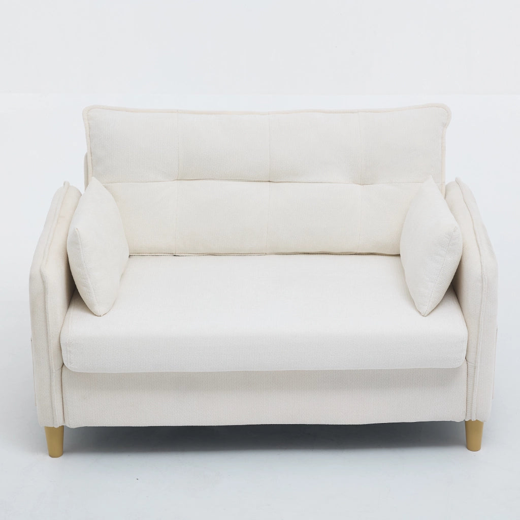Divano due posti 127 cm in tessuto ciniglia beige con tasche laterali e cuscini