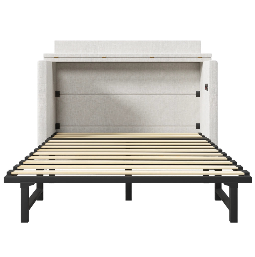 Letto a scomparsa ULEVR 140x200 cm con cassetto, ripiano trasformabile, USB e Type-C, lino beige