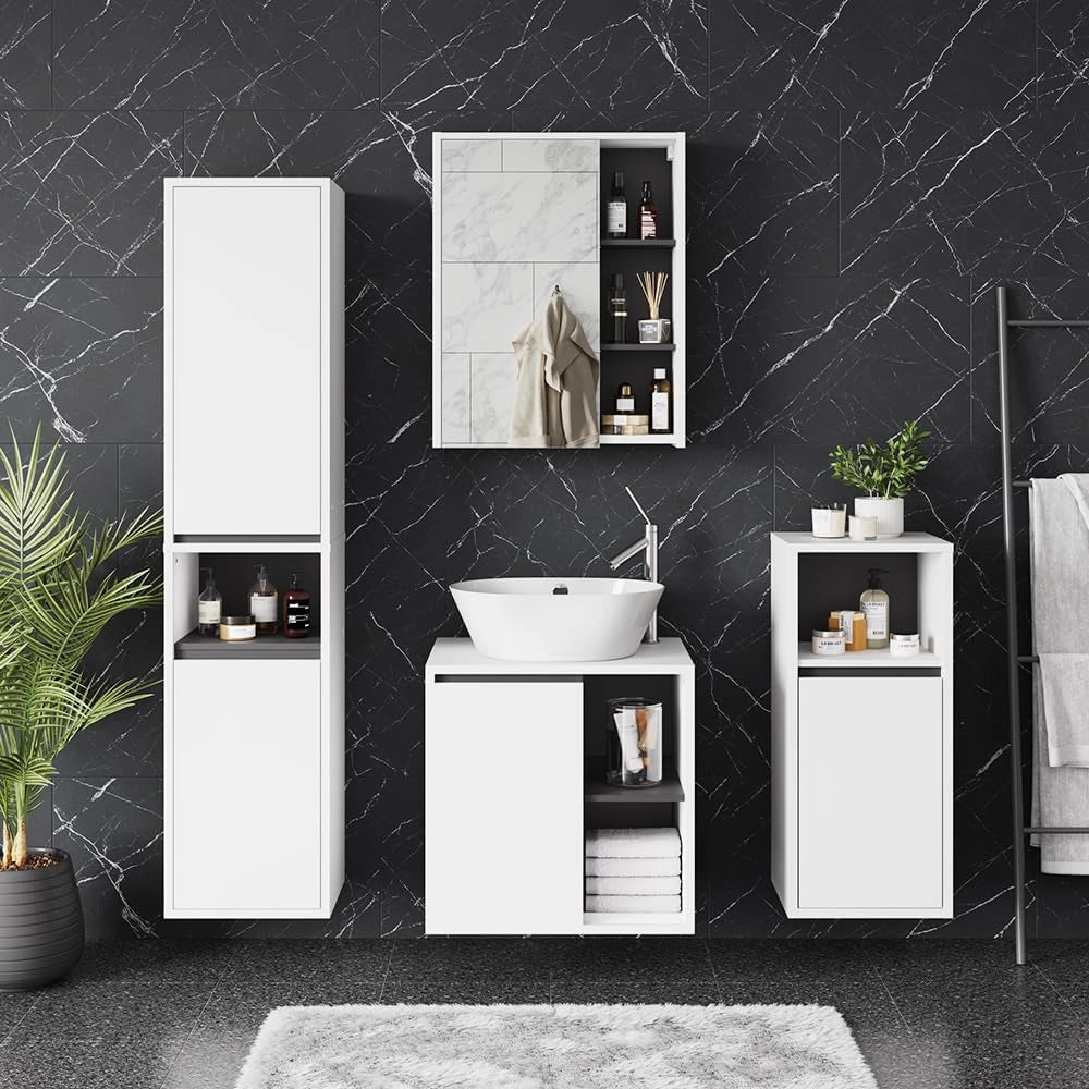 Mobile a specchio per il bagno Viola, Bianco/Grigio, 60 x 75 cm con ripiani aperti