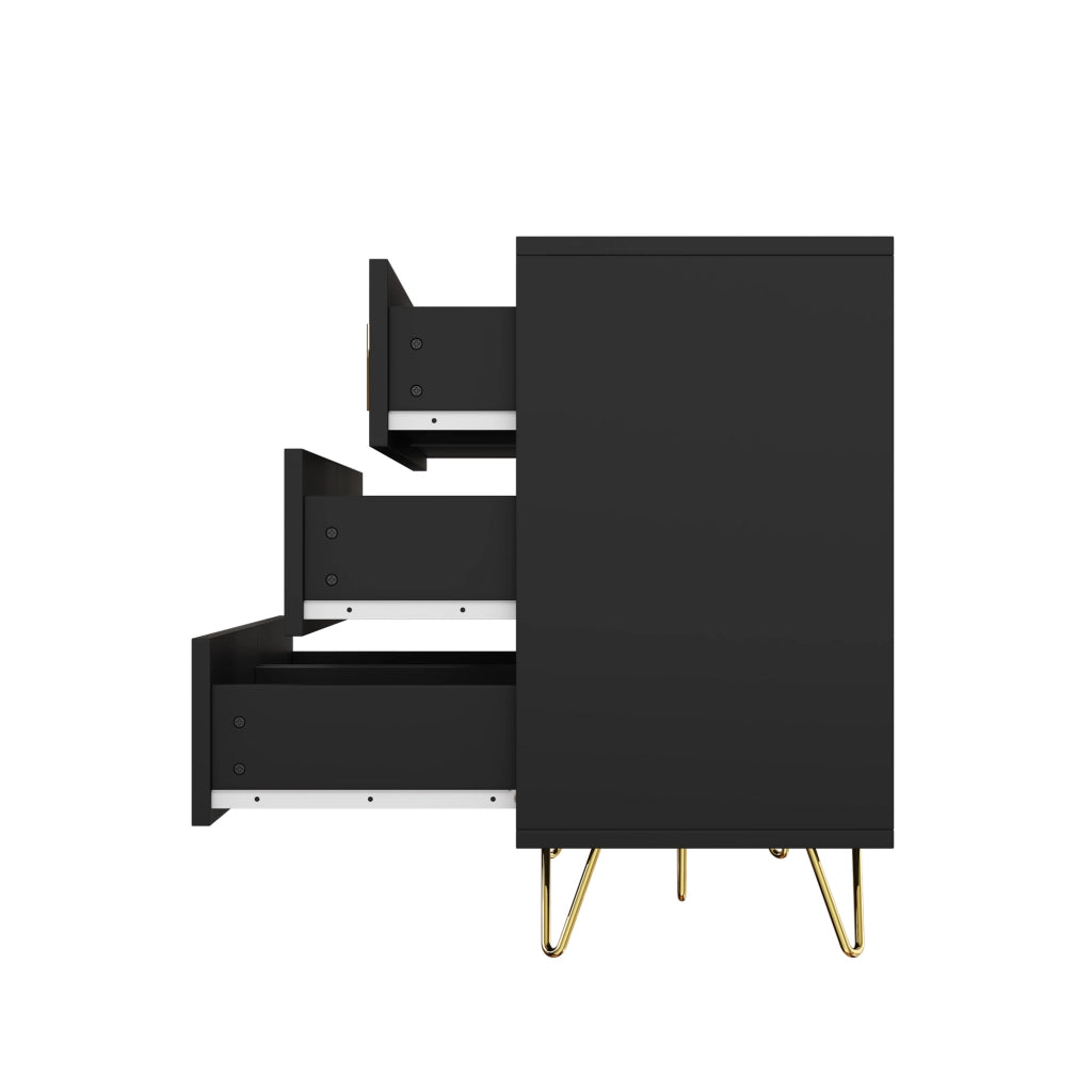 Credenza moderna minimalista con 6 cassetti in truciolare nero e oro, superficie ondulata, 120 × 40 × 77 cm