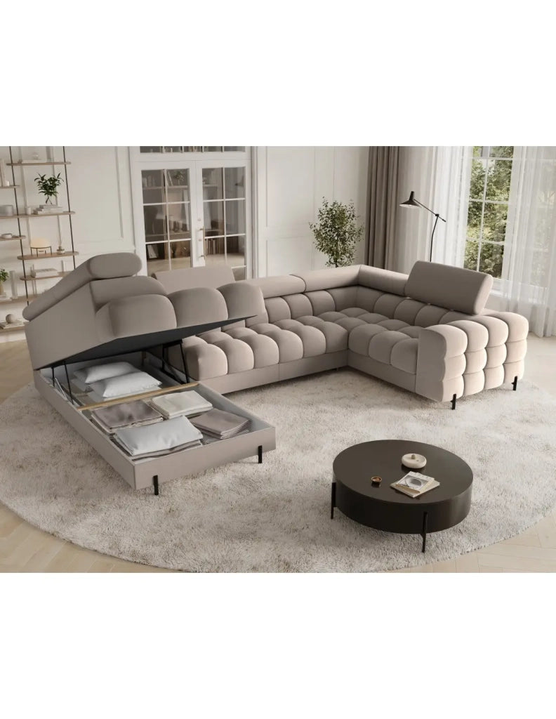 Divano panoramico convertibile FACTORY 3 posti beige – angolo sinistro con vano contenitore – versione 2