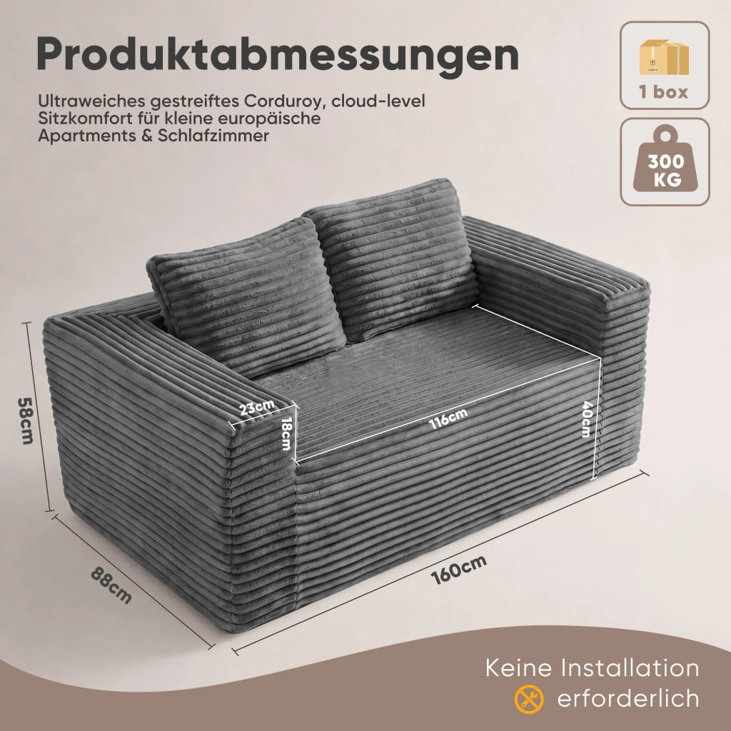 Divano a due posti in velluto a coste con schiuma ad alta densità e senza montaggio, grigio 105.0 × 32.0 × 32.0 cm