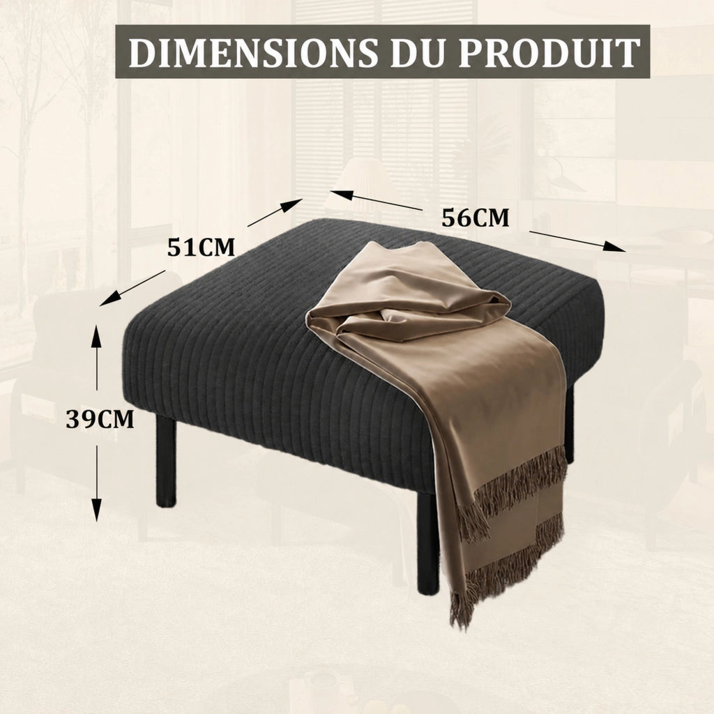 Pouf imbottito in corduroy grigio con struttura in metallo, versatile come poggiapiedi, seduta o tavolino d’appoggio