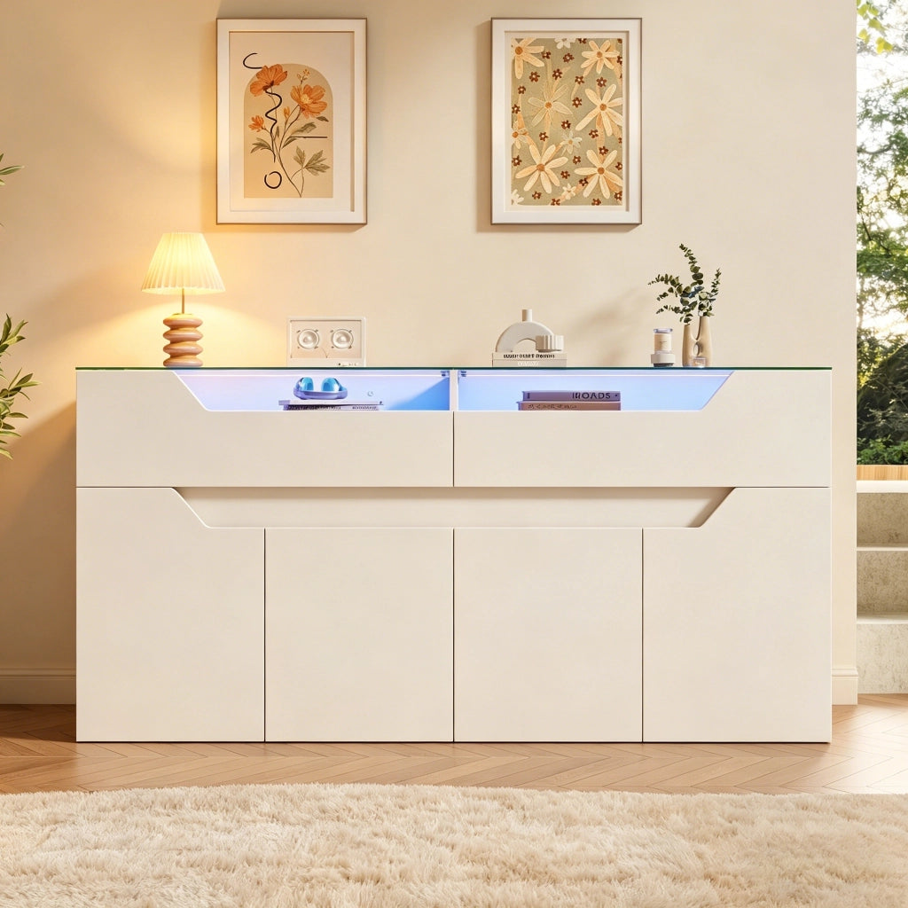 Credenza e madia con piano in vetro temperato, 2 cassetti e 2 ante, per sala da pranzo e soggiorno, bianco, 140 × 40 × 70 cm