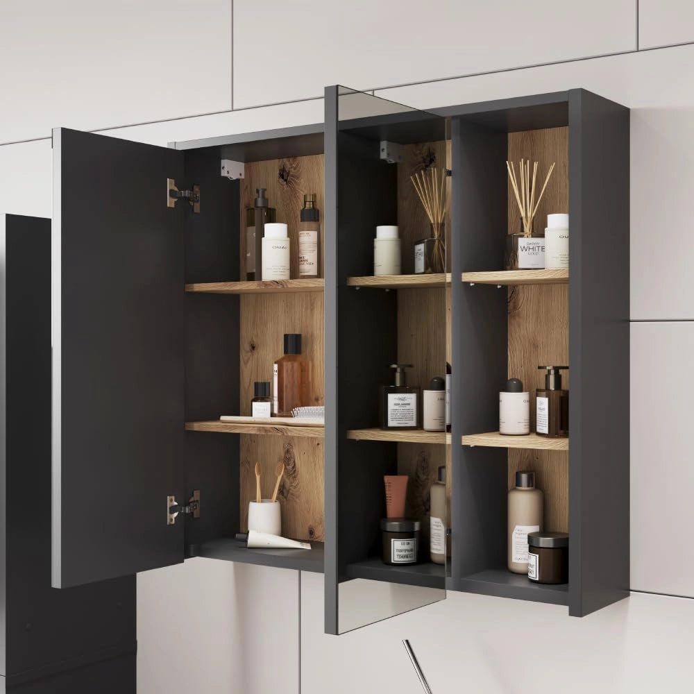 Mobile a specchio per il bagno Viola, Grigio/Artisan, 80 x 75 cm con ripiani aperti