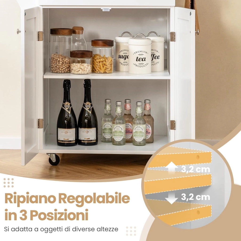 Isola da Cucina con Ruote, Carrello da Cucina con Cassetto e Armadio, Porta Spezie e Barre Porta Asciugamani, Armadietto Mobile con Ripiano Regolabile per Sala da Pranzo, 83x48x91 cm