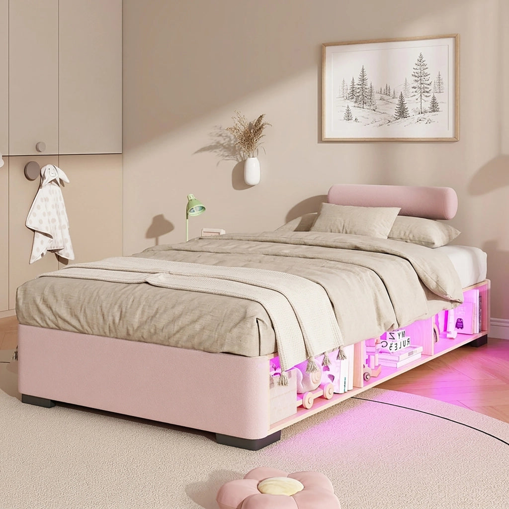 Letto imbottito 90x200 cm con libreria laterale LED e contenitore in velluto rosa
