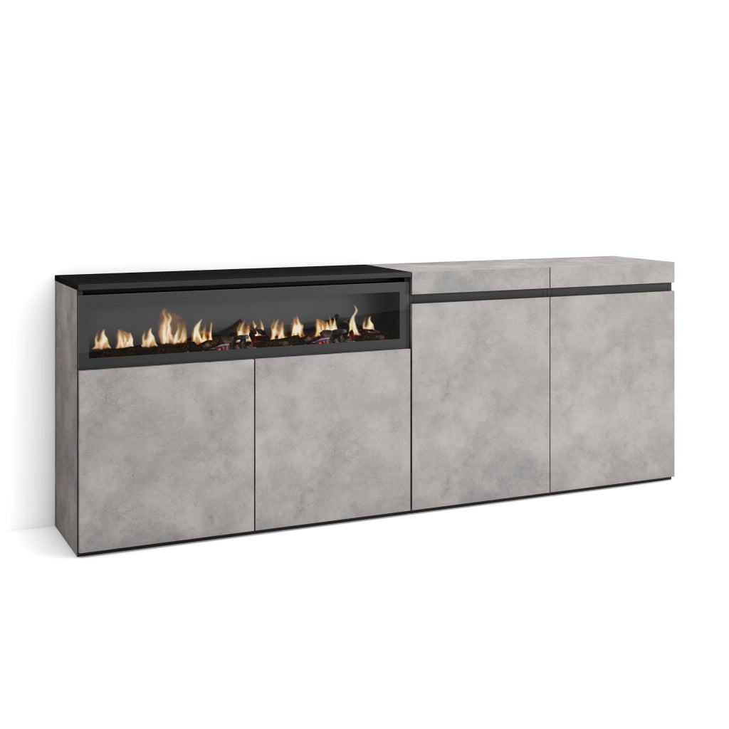 Credenza, Mobile, 200x35x75cm, 4 Porte, Camino elettrico, grigio cemento RF2369