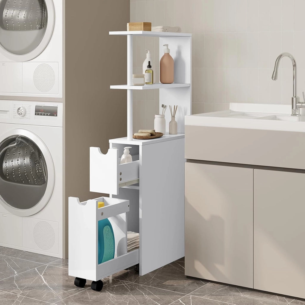 Mobile da Bagno Stretto, Mobiletto da Bagno Salvaspazio con 2 Cassetti, 2 Ripiani, Mobiletto Bianco per Cucina, Soggiorno, in Legno, 19x45x113 cm