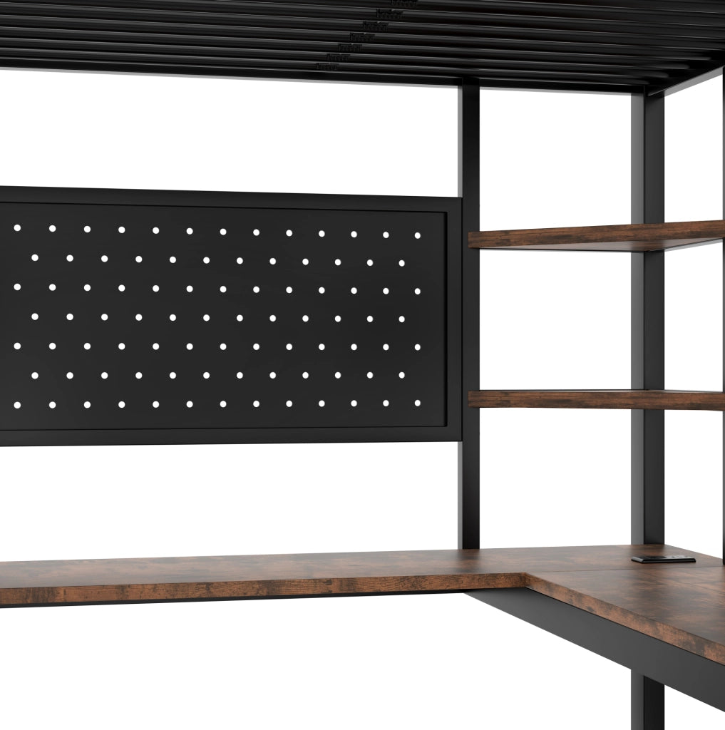 Letto a soppalco ULEVR 90x200 cm con scrivania, ripiani, LED, USB e Type-C, metallo e MDF nero