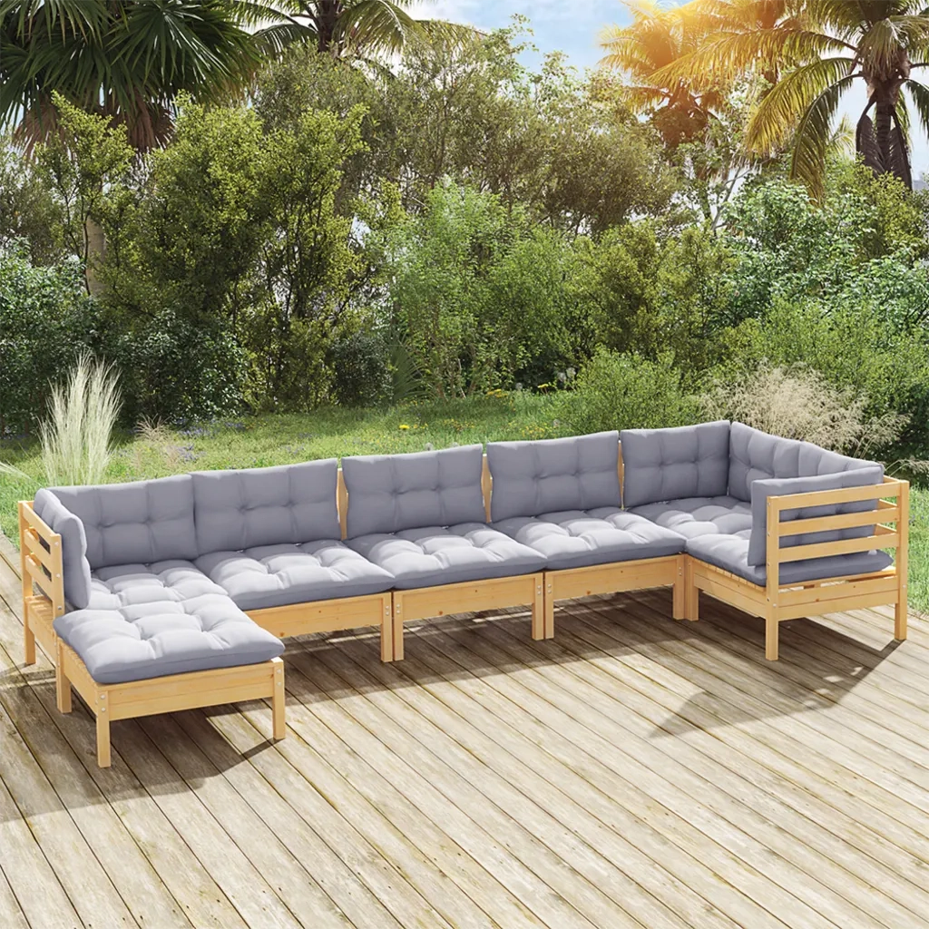 Set Divani da Giardino 7 pz con Cuscini Grigi Massello di Pino 3096549