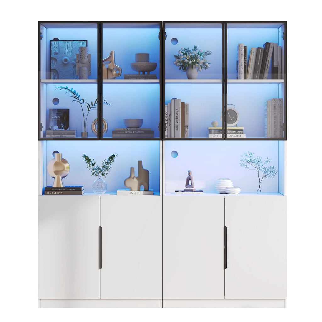 VETRINA con LED 160x30x200 cm Bianco in truciolare con ante in vetro