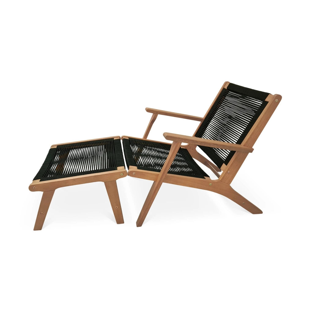 Set 2 lettini prendisole in legno e corda con poggiapiedi, nero