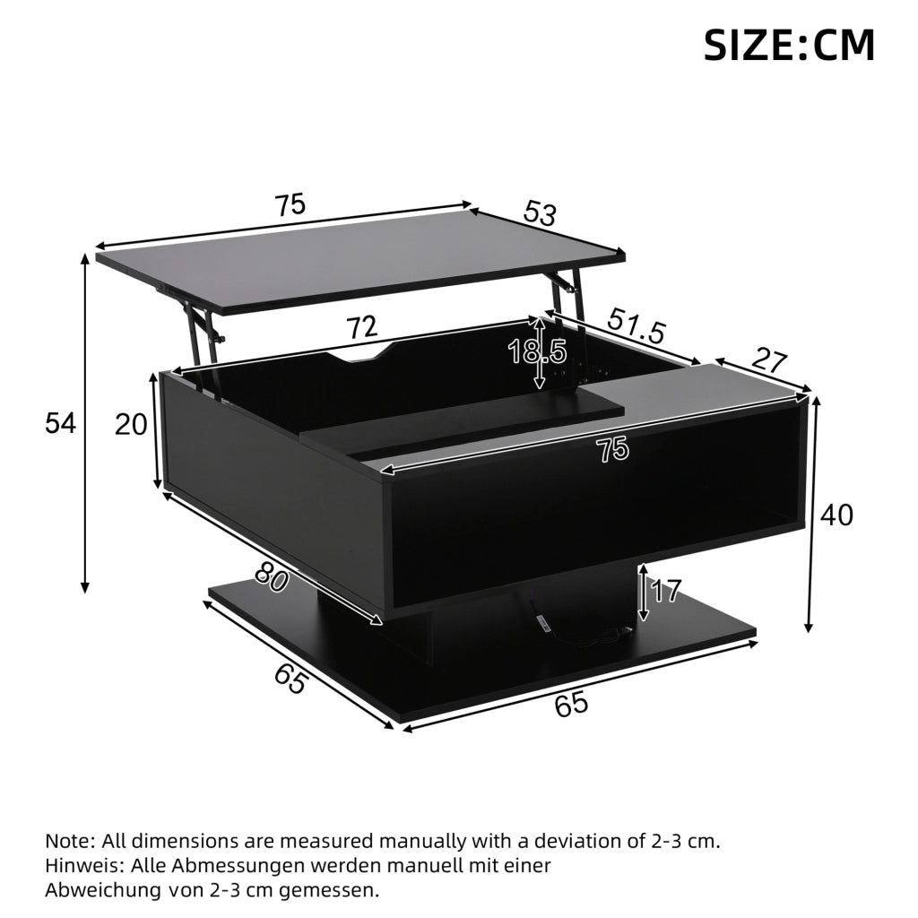 Tavolino da caffè 80x75x40 cm sollevabile con vano portaoggetti e LED in truciolato nero