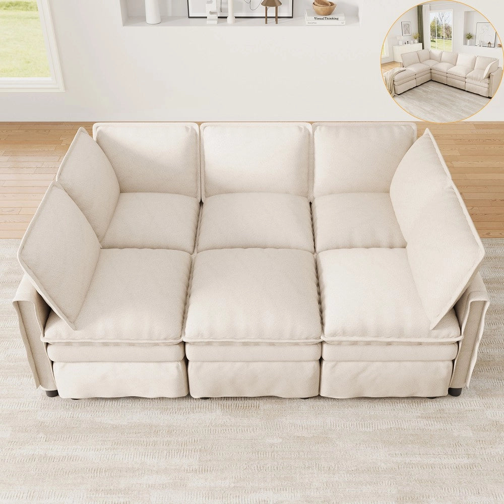 Divano letto angolare modulare ¨C Minimal ¨C beige in tessuto chenille con cuscini, cassetti e sgabello mobile