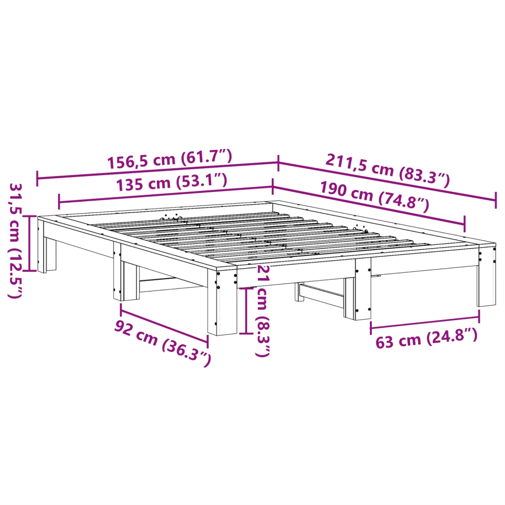 Letto senza Materasso 135x190 cm in Legno Massello di Pino 3308747