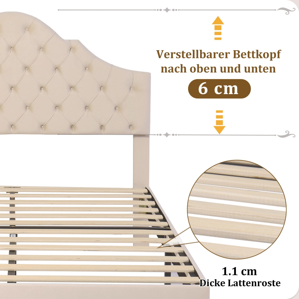 LETTO Imbottito 140x190 cm in Velluto Bianco Sporco con Testiera Regolabile