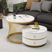 Set di 2 tavolini da caffè rotondi 60x60x46 cm e 50x50x30.8 cm; effetto marmo lucido; MDF; bianco
