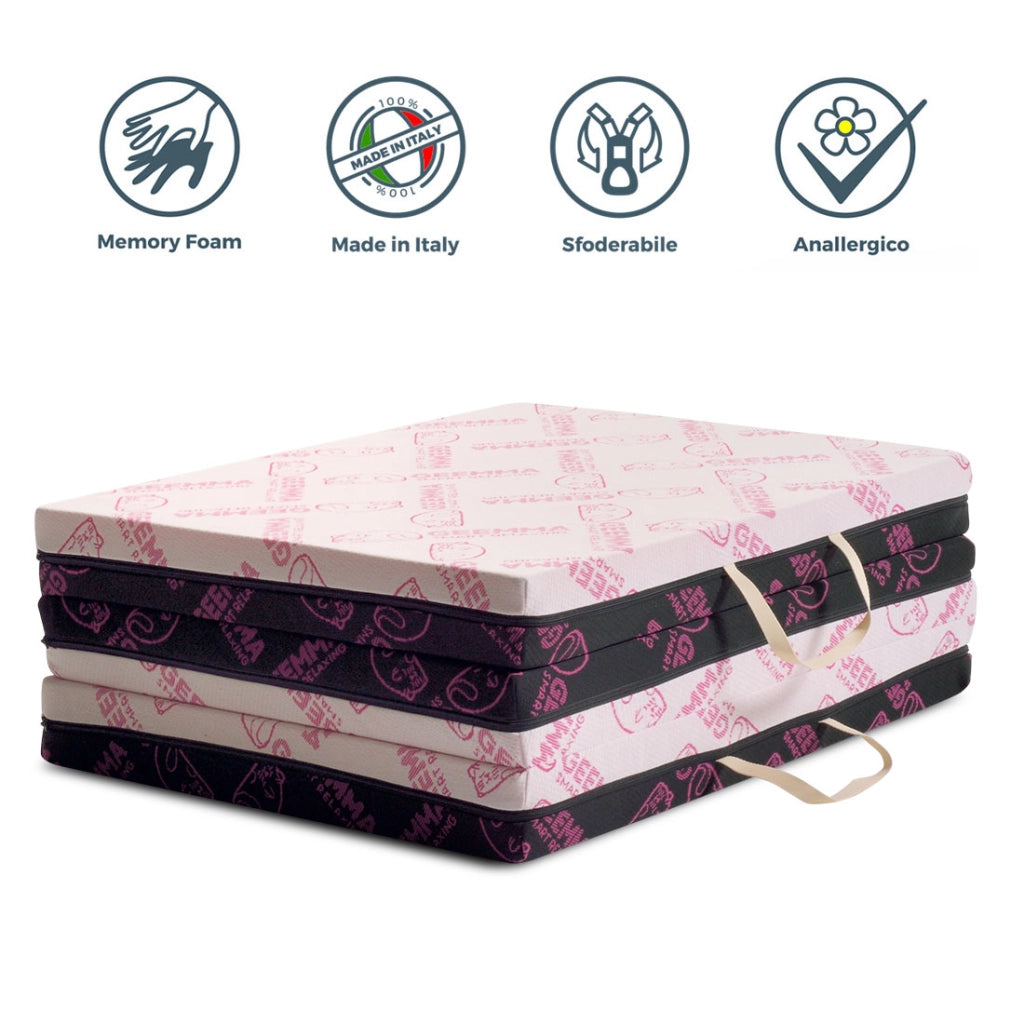 Materassino MEMORY 100x200 Cm pieghevole Futon Alto 11 Cm che piegandosi, diventa anche comoda seduta. Tessuto Anallergico sfoderabile e lavabile.