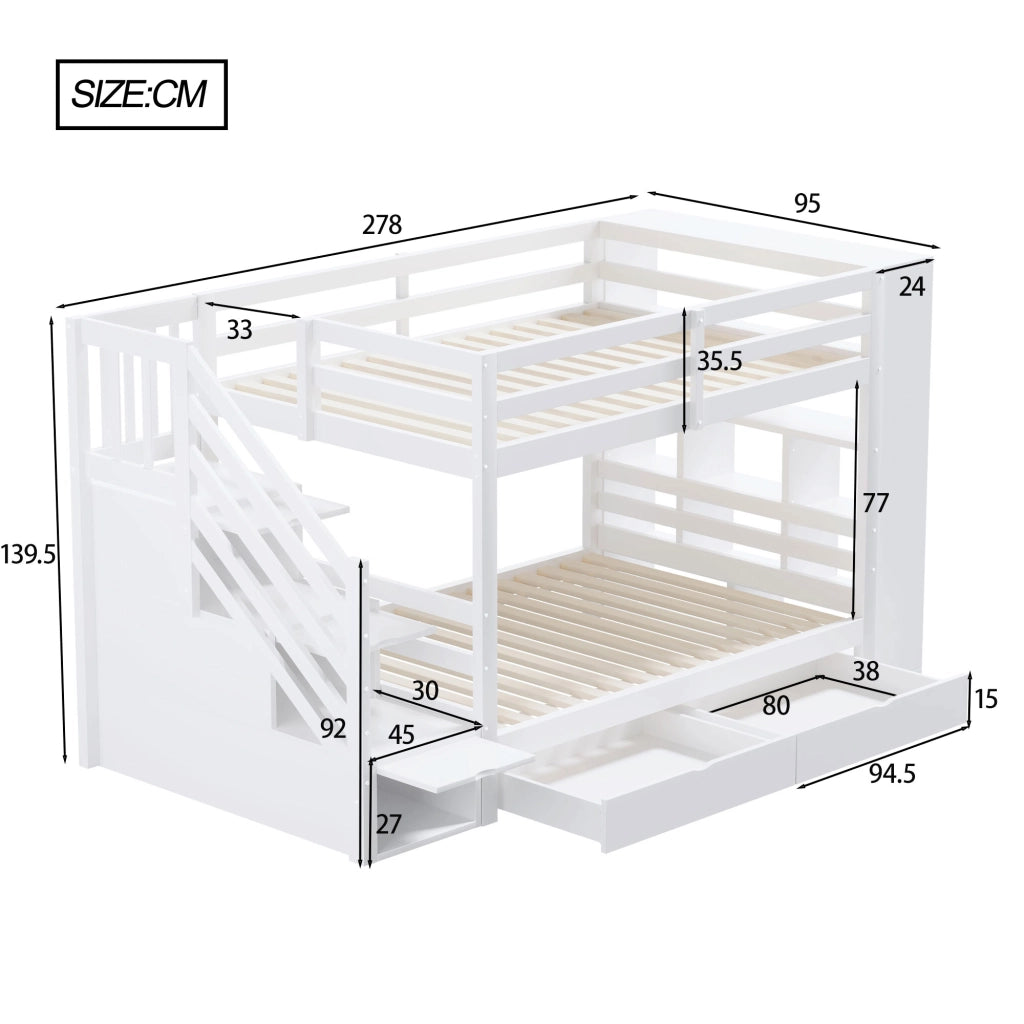 Letto a Castello 90x200 cm con Scale; Cassetti e Scomparti - in Legno - Bianco