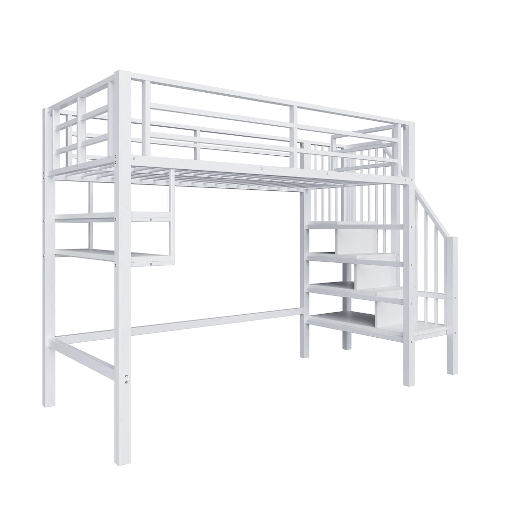 OKWISH Letto a soppalco 90×200 cm, Letto Singolo con Mensole, Scala con Contenitore e Sponda, senza Materasso, in Metallo, Bianco