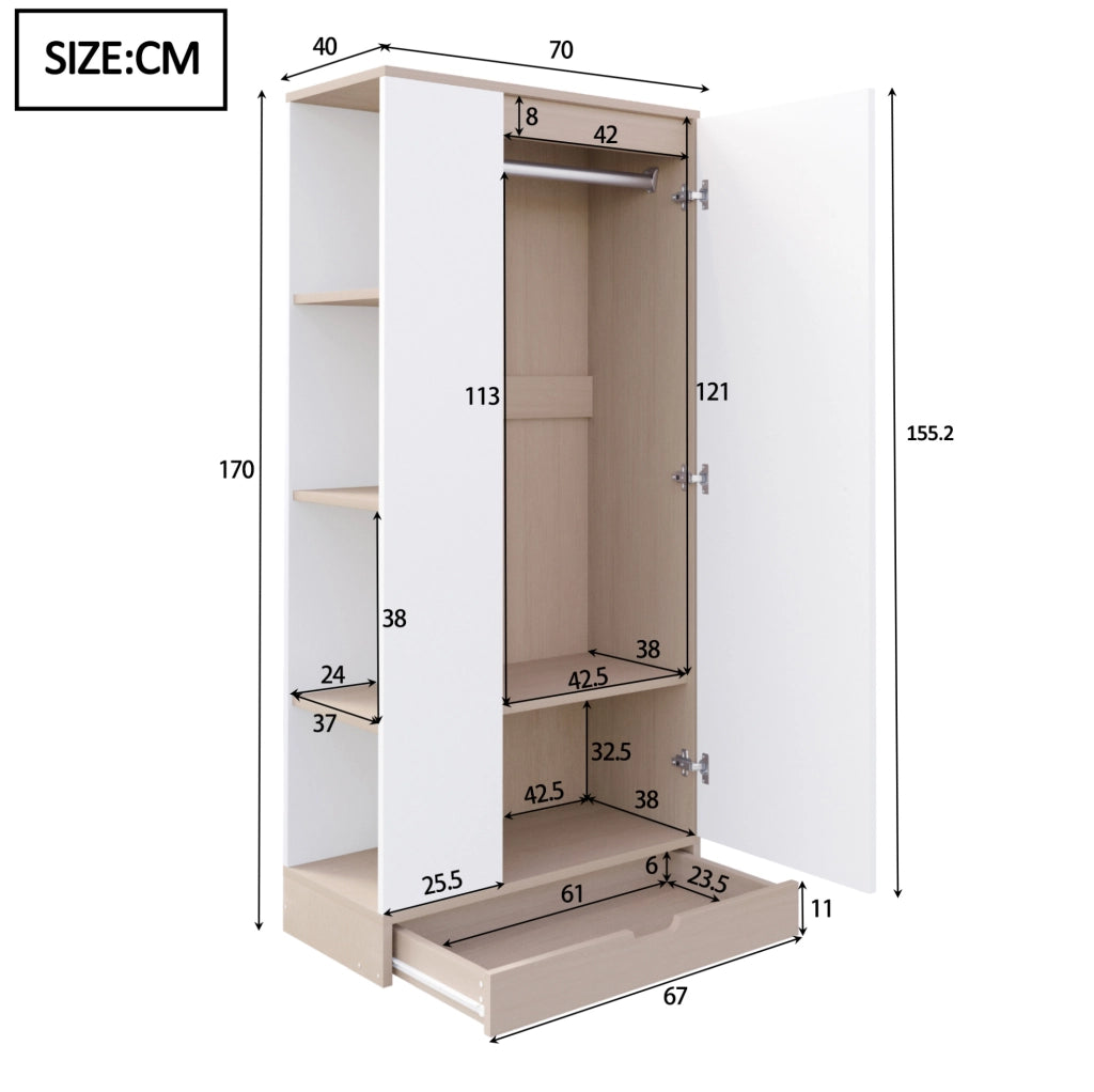 Armadio guardaroba a 1 anta 70x40x170 cm in legno naturale e bianco