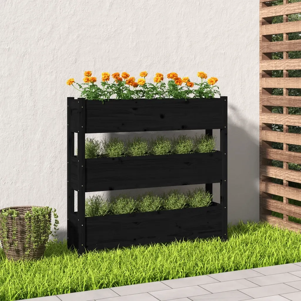 Fioriera-Vaso da Esterno-Contenitore per Piante Nera 112x25x104,5 cm in Legno Massello di Pino