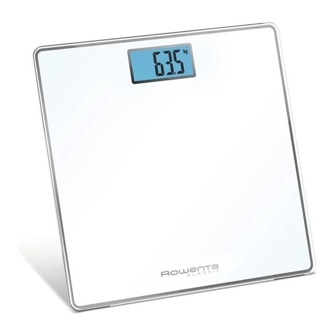 Rowenta Classic BS1501 , bilancia pesapersone elettronica, 31x31 cm, fino a 160 Kg con graduazione di precisione ogni 100g, spessore di 22 mm, batterie incluse, vetro temperato, bianco