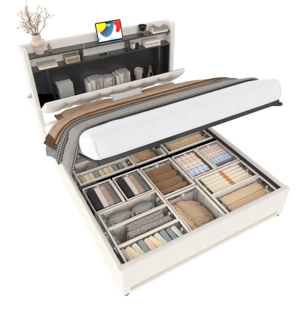 Letto imbottito 160x200 cm con LED; contenitore e USB in velluto beige