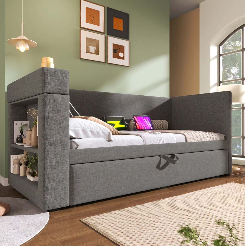 Divano letto estraibile ULEVR 90x190 cm con USB, Type-C, portabevande e vani laterali, grigio