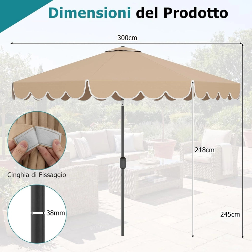 Ombrellone da Giardino 300 cm, con Inclinazione Regolabile, Anti-UV, Manovella, 8 Stecche, Top Ventilato, per Giardino Piscina Patio (Marrone)