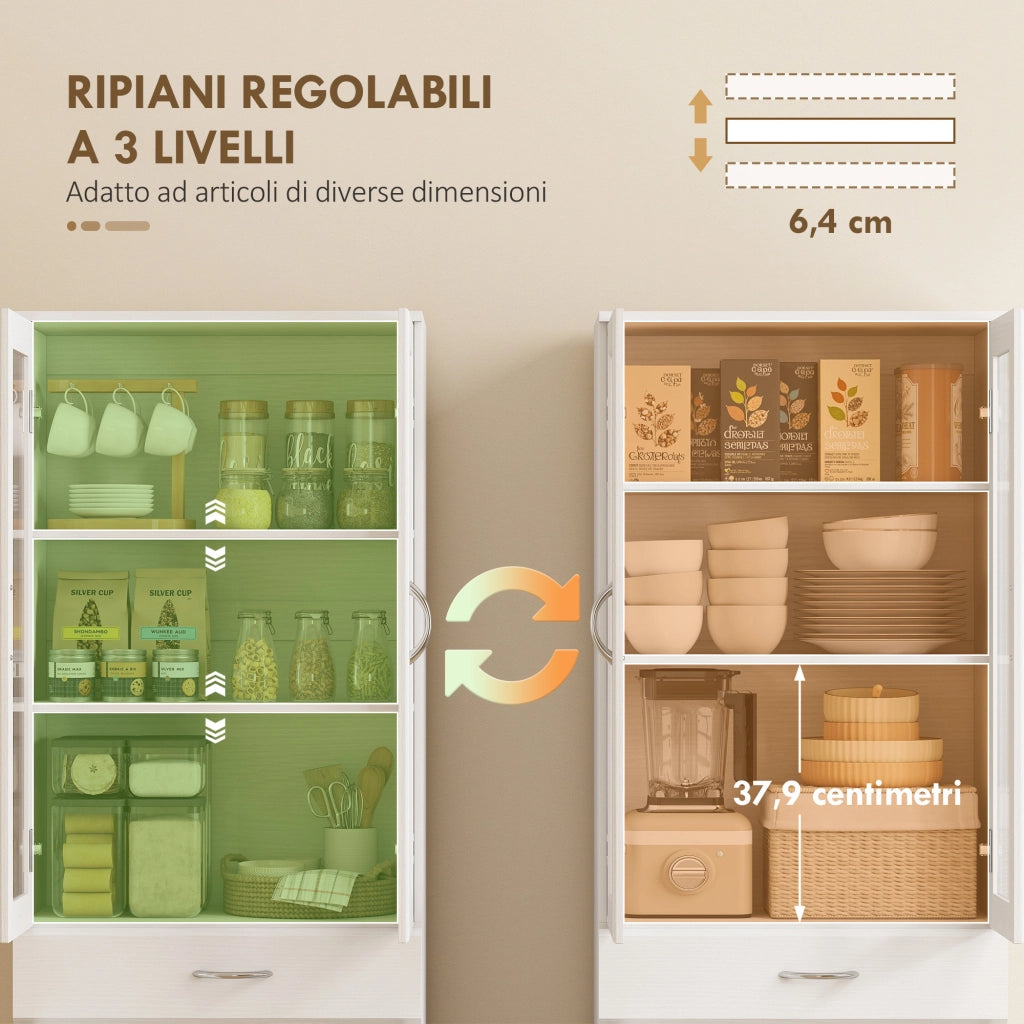 Credenza Cucina con Ante in Vetro e Cassetti ¨C Minimal ¨C Bianco 60x35x180 cm
