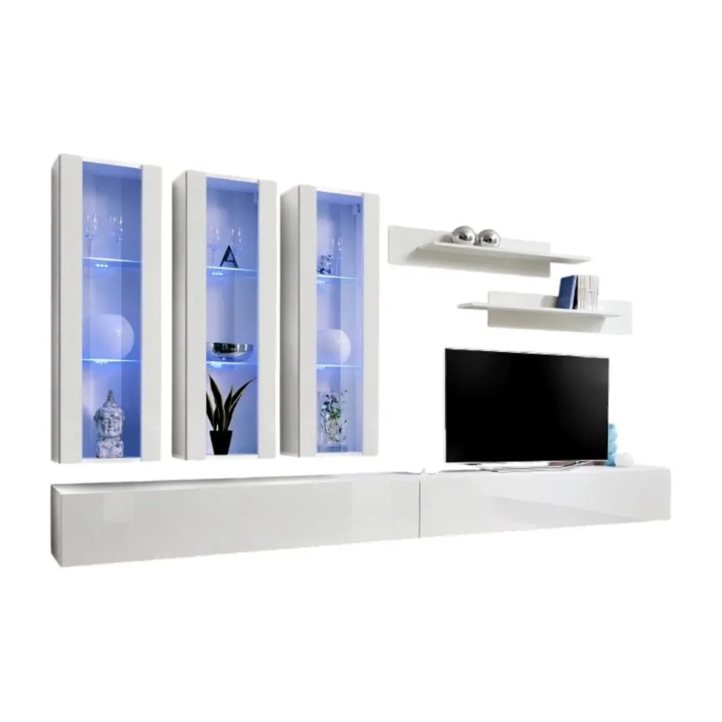 Mobile TV FLY E3 design, colore bianco lucido. Mobile sospeso moderno e alla moda per il tuo soggiorno.