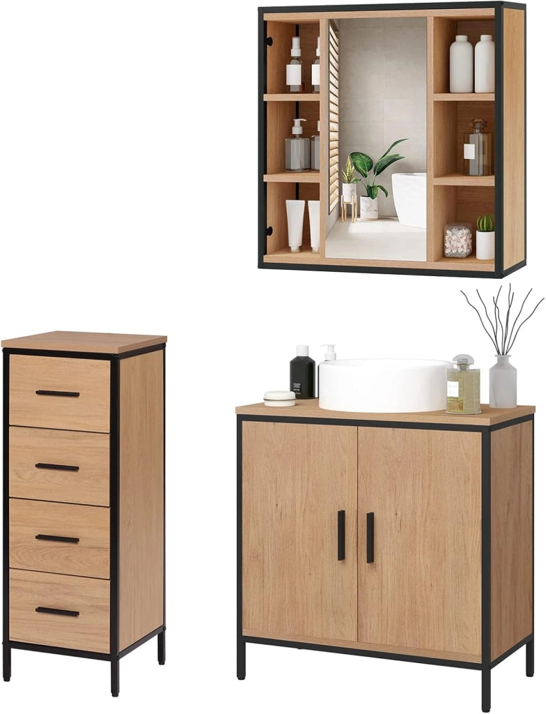 Set di mobili da bagno con armadietto a specchio, per bagno, comò con 4 cassetti, in metallo + legno, modello 8