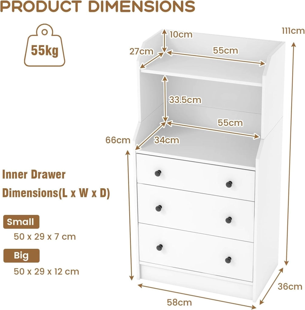 Cassettiera con 3 cassetti per camera da letto, cassettiera con ripiani aperti, mobile con dispositivo antiribaltamento, armadio ausiliario per soggiorno, studio, 58 x 36 x 111 cm, bianco