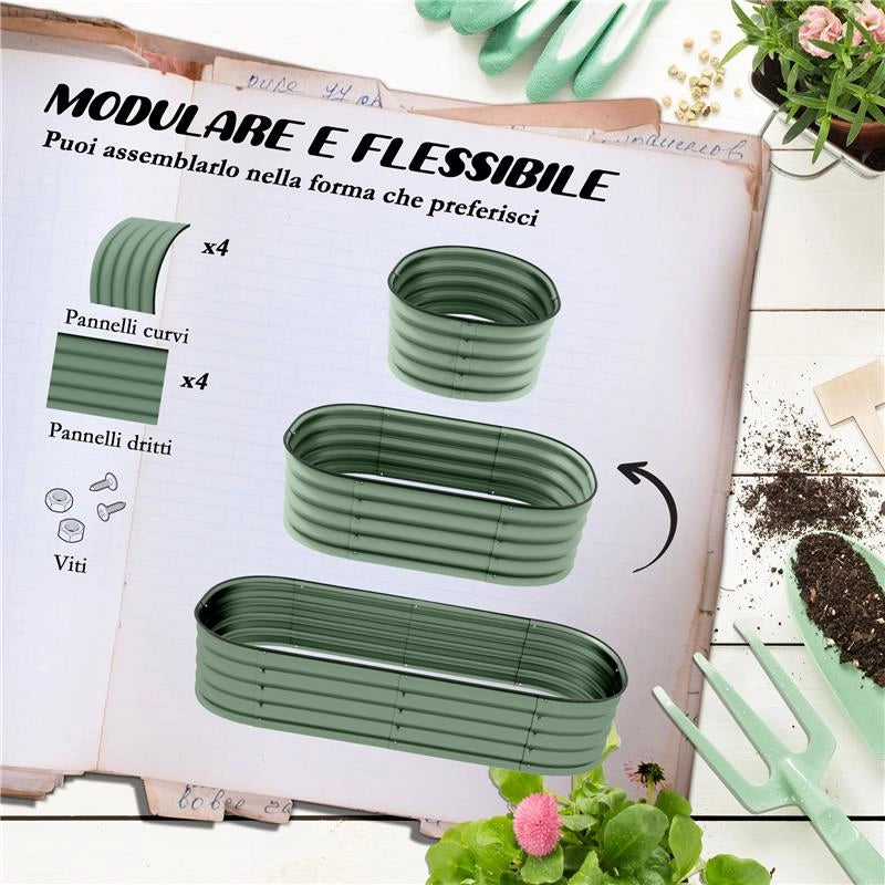 LETTO PER ORTO RIALZATO MODULARE 150X62X30CM IN ACCIAIO GALVANIZZATO CON FONDO APERTO VERDE