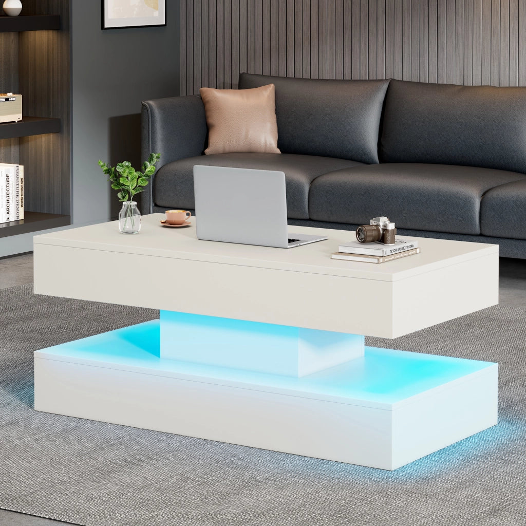 TAVOLO da caffè regolabile 100x50x42 cm bianco con LED, presa EU e vano nascosto