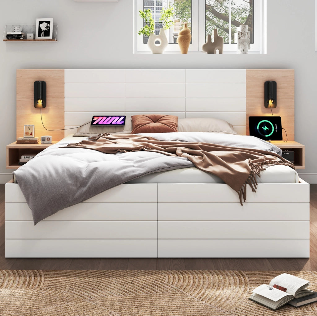 Letto matrimoniale 160x200 cm con luce lettura; USB; 2 cassetti; bianco e rovere chiaro