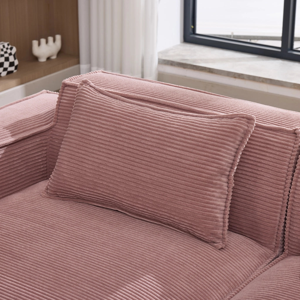 Divano lineare compatto con cuscini e seduta elastica per piccoli spazi in poliestere rivestito rosa baby 235 cm