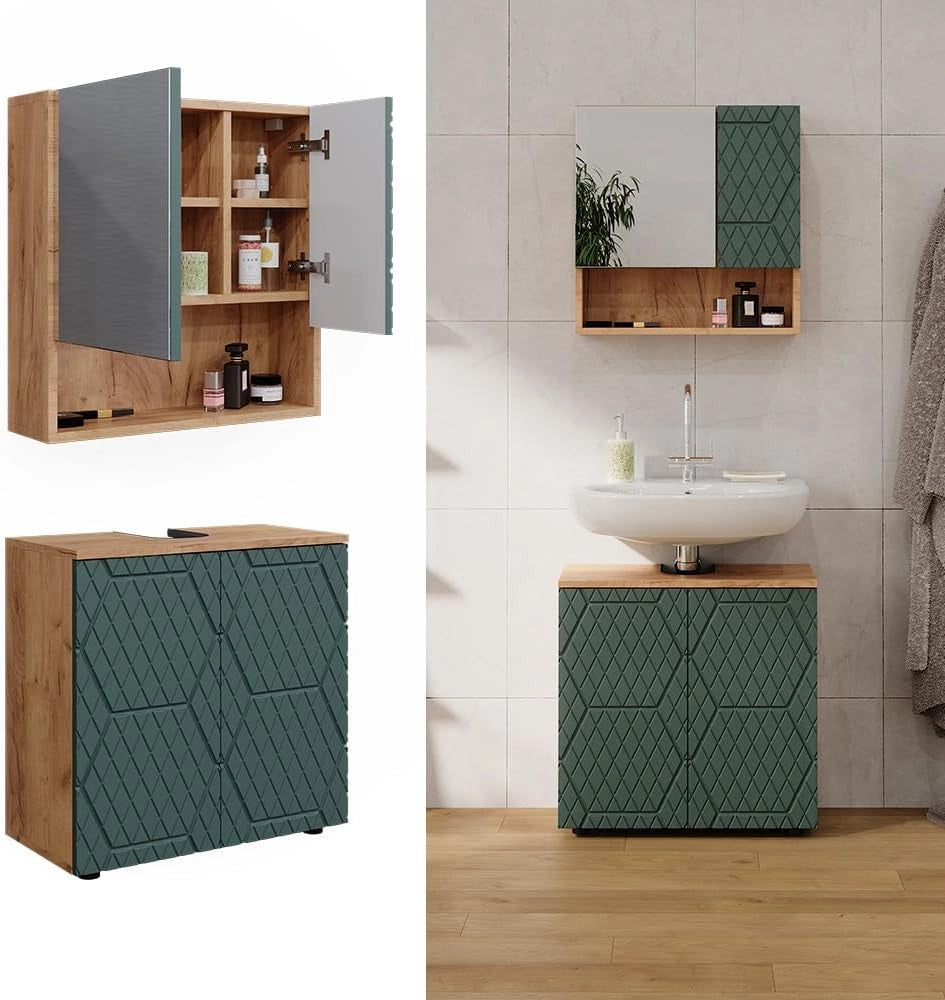 Set mobili bagno Irma, Quercia verde/oro, 2 parti, base 60 cm, composto da specchio da bagno e mobile sottolavabo