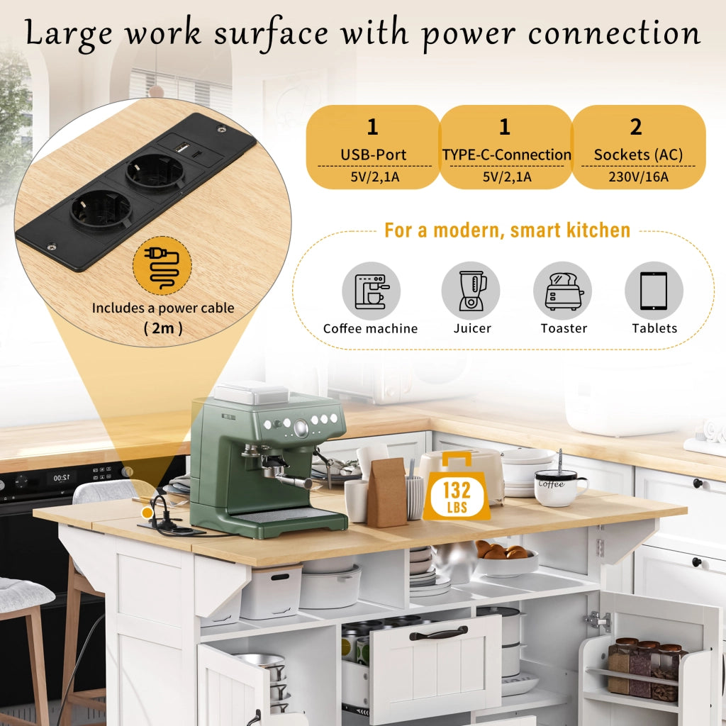 Carrello da Cucina con 2 Ante; 2 Cassetti; Piano Pieghevole; Prese e Portasciugamani; in MDF; Bianco e Naturale