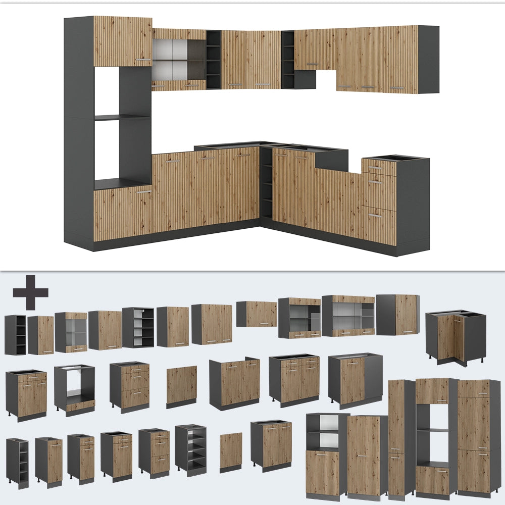 Cucina angolare completa R-Line Rovere artigianale/Antracite 247 x 237 cm, PL Rovere Vicco