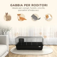 Gabbia per Conigli a 2 Porte con Vassoio Rimovibile, in Metallo e Plastica PP, 100x55x41 cm, Nero e Argento