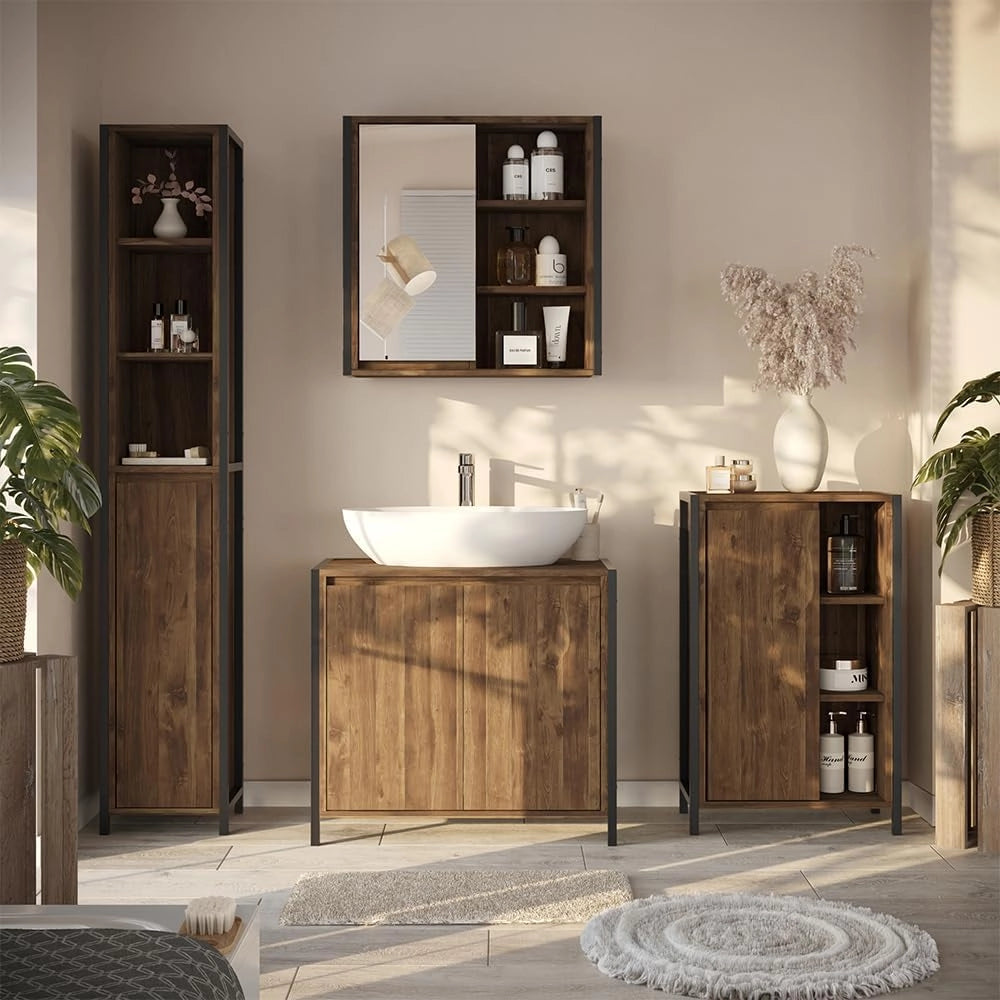 Specchio contenitore bagno Naola, Quercia/nero, 62.2 x 62.5 cm con 1 porta a specchio, per la conservazione di articoli da bagno e asciugamani